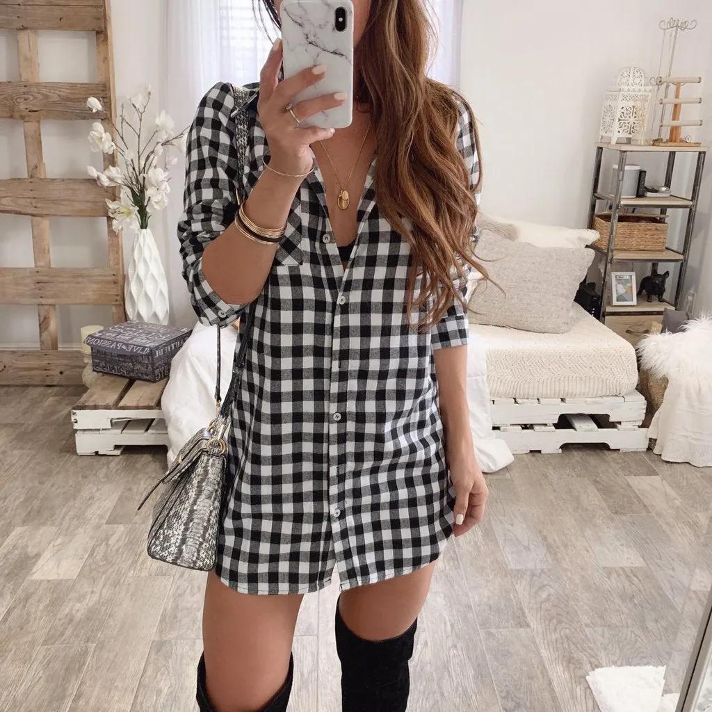 GenZ Sexy Plaid Casual Loose Long Sleeve Mini Shirt Dress