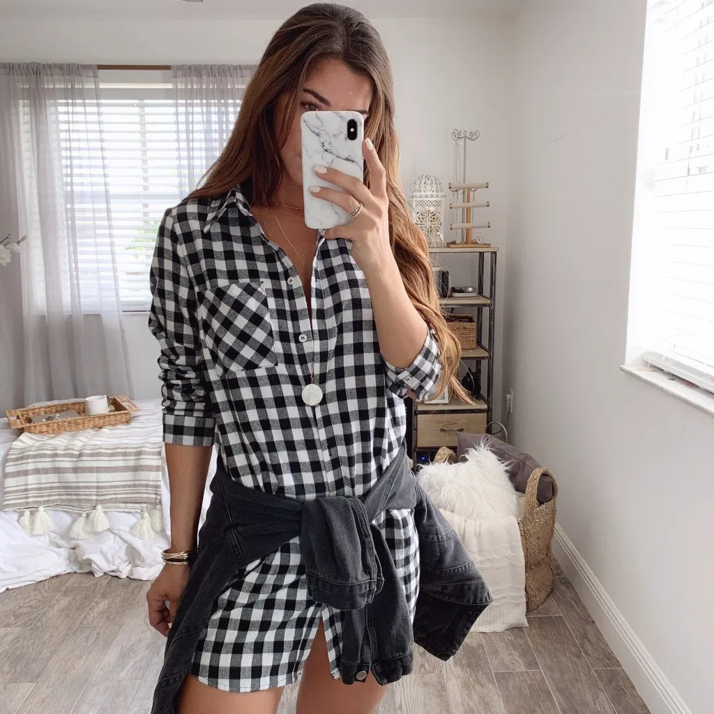 GenZ Sexy Plaid Casual Loose Long Sleeve Mini Shirt Dress