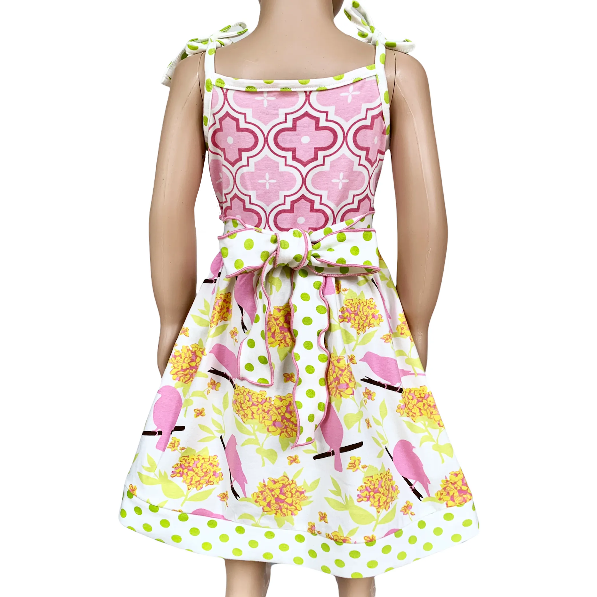 Girls Dress Spring Birds and Pink Arabesque Cotton Knit Spaghetti Straps