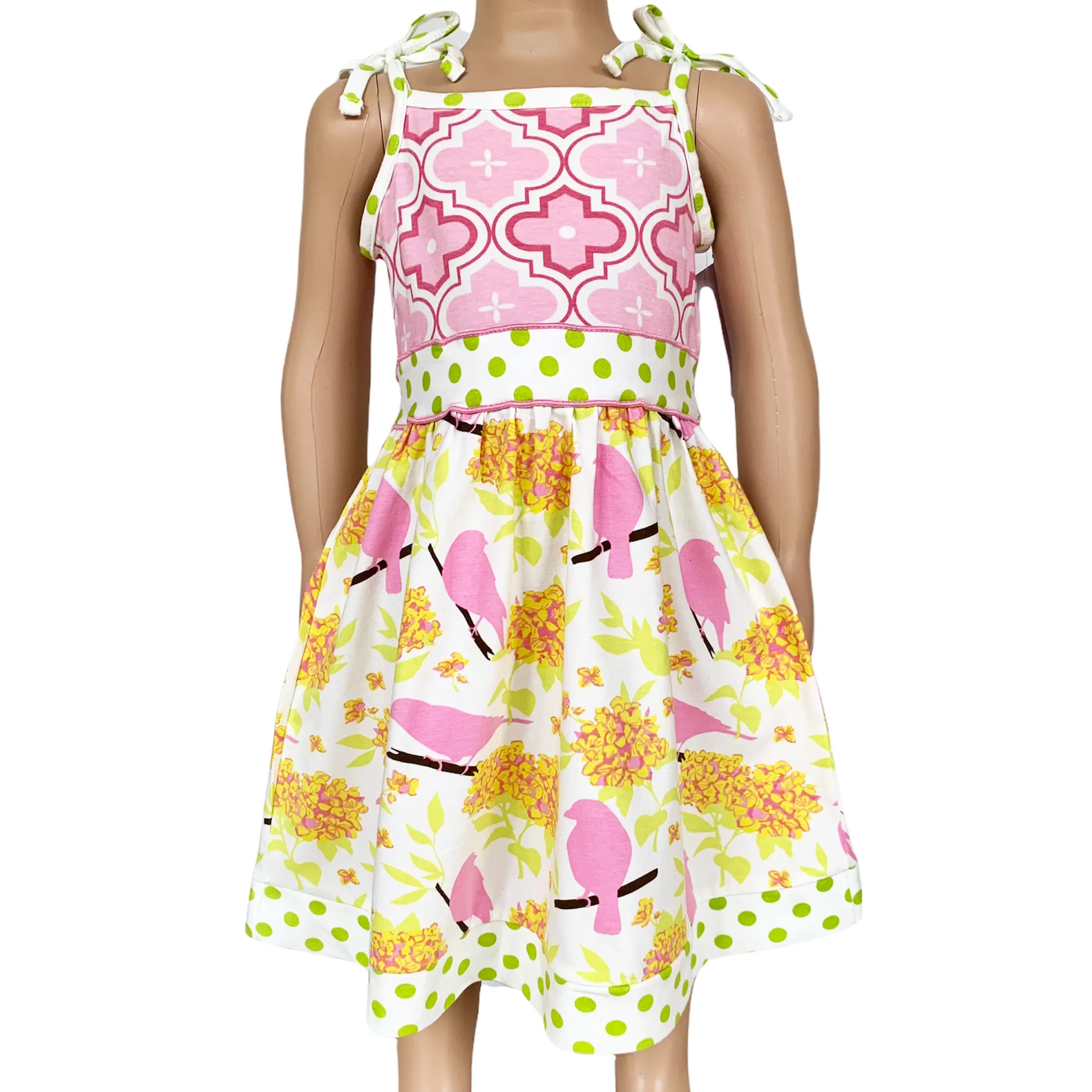 Girls Easter Dress Spring Birds and Pink Arabesque Cotton Knit Spaghetti Straps