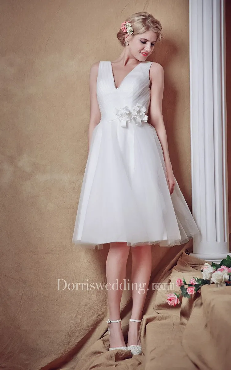 Glam Lovely Sleeveless V-neck Belted Short Wedding Dress