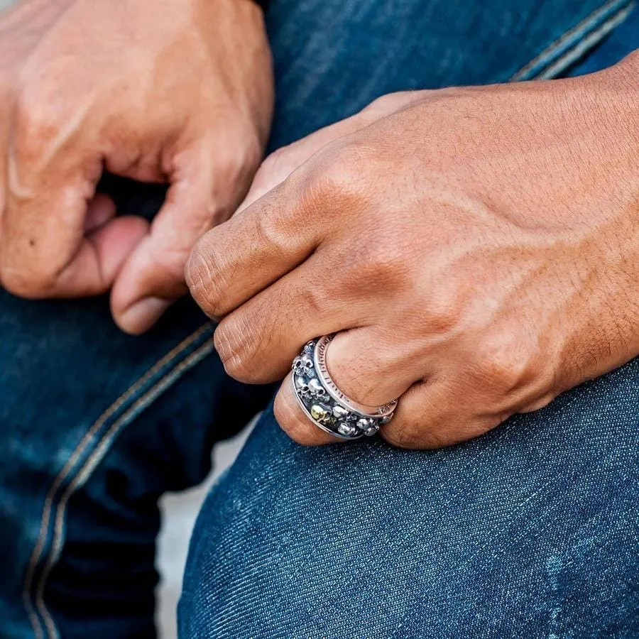 Gold Double Skull Sterling Silver Men's Spinner Ring