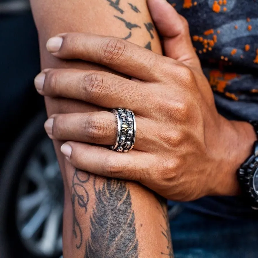 Gold Double Skull Sterling Silver Men's Spinner Ring