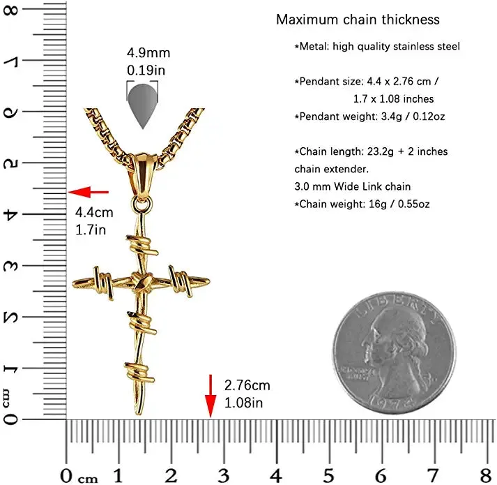 Gold Necklace -Barbed Wire Cross Pendant 316 Stainless Steel Chain
