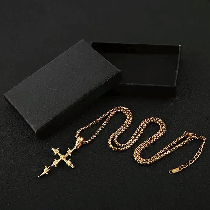 Gold Necklace -Barbed Wire Cross Pendant 316 Stainless Steel Chain