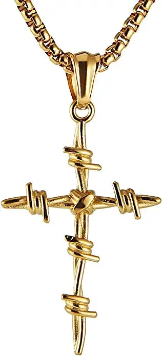 Gold Necklace -Barbed Wire Cross Pendant 316 Stainless Steel Chain