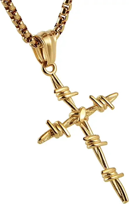 Gold Necklace -Barbed Wire Cross Pendant 316 Stainless Steel Chain