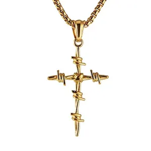 Gold Necklace -Barbed Wire Cross Pendant 316 Stainless Steel Chain