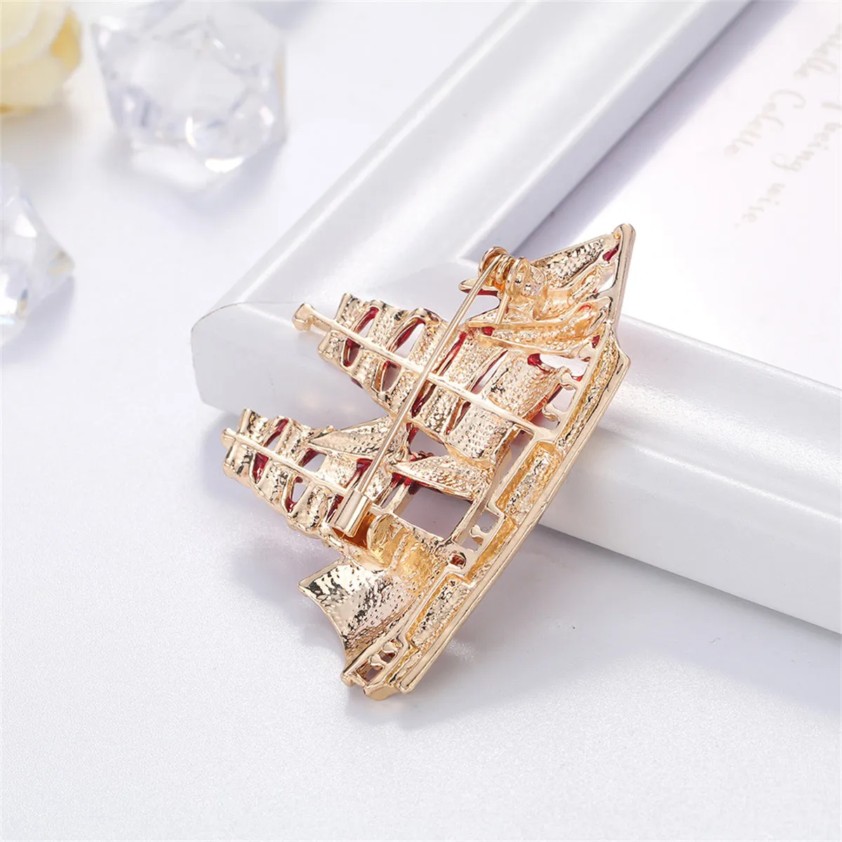Gold-Plated & Red Oil-Drop Sailboat Brooch