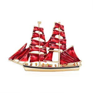 Gold-Plated & Red Oil-Drop Sailboat Brooch