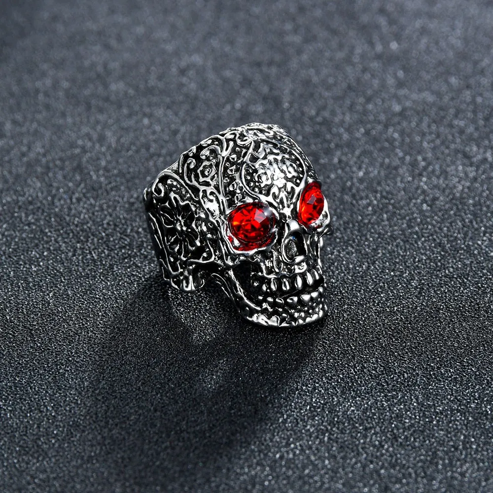 Gothic Vintage Skull Ring with Red Rhinestones