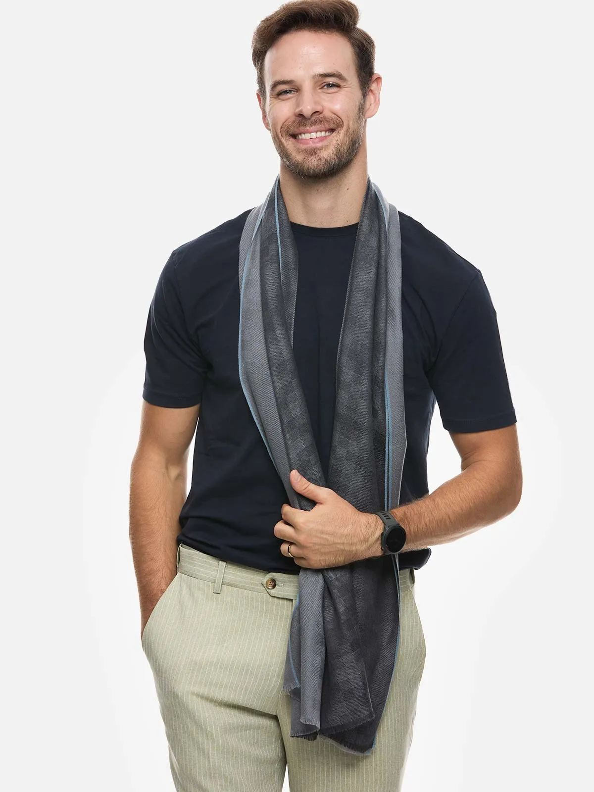 Gray Checkered Mens Cashmere Scarf