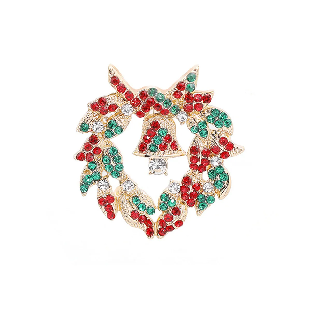 Green & Red Cubic Zirconia 18K Gold-Plated Bell Heart Wreath Brooch