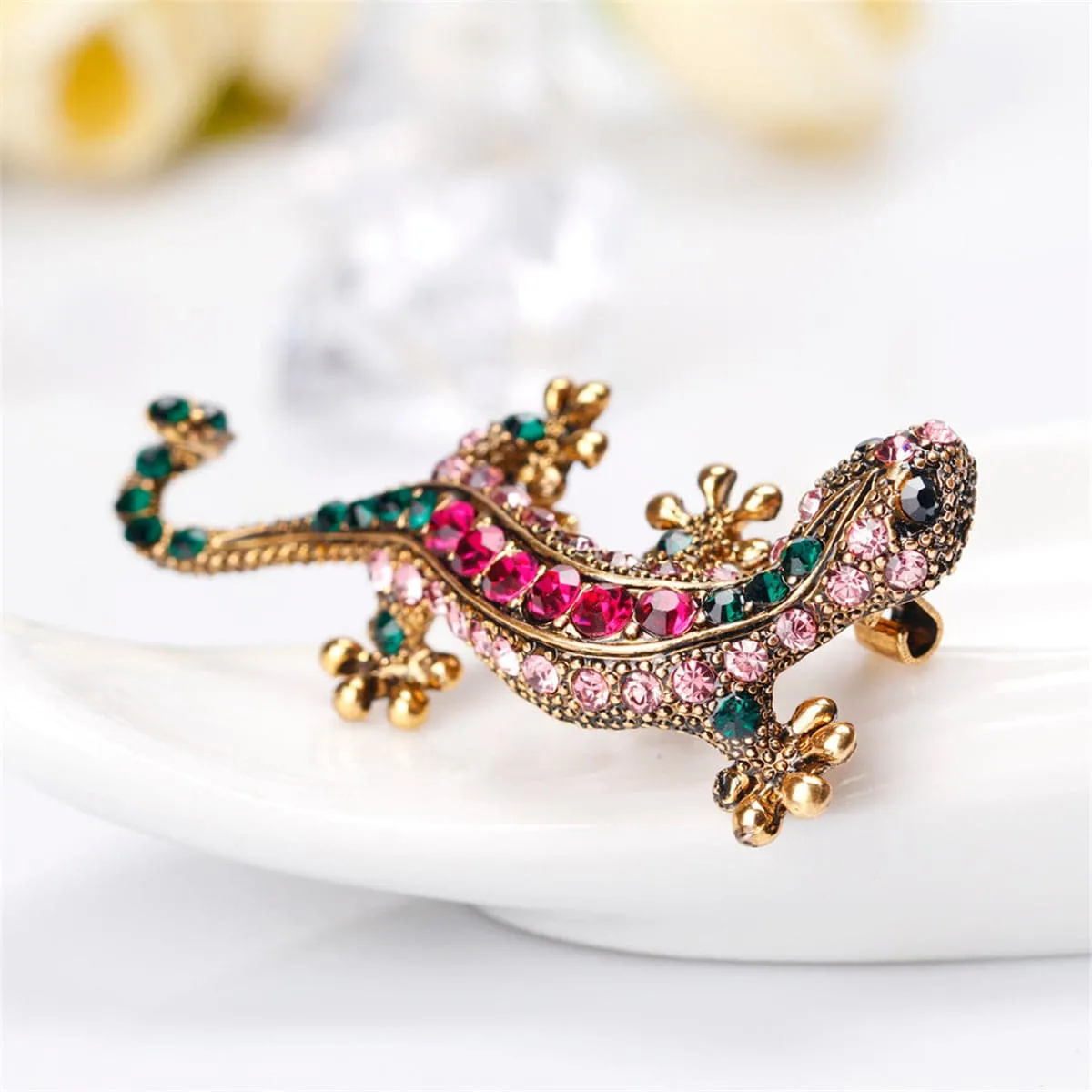 Green & Red Cubic Zirconia Gecco Brooch