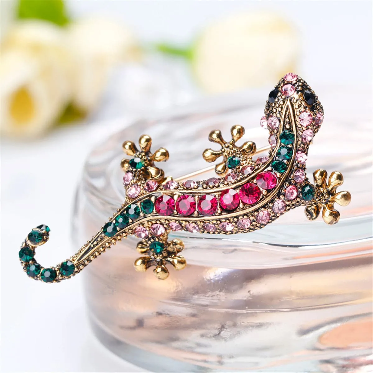 Green & Red Cubic Zirconia Gecco Brooch