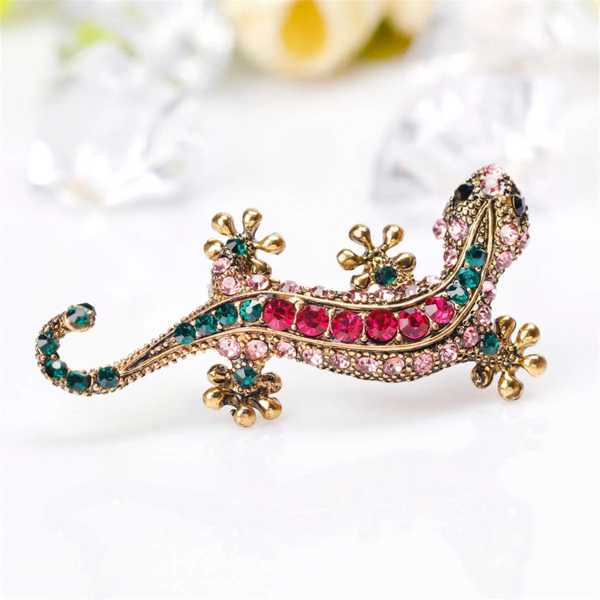 Green & Red Cubic Zirconia Gecco Brooch