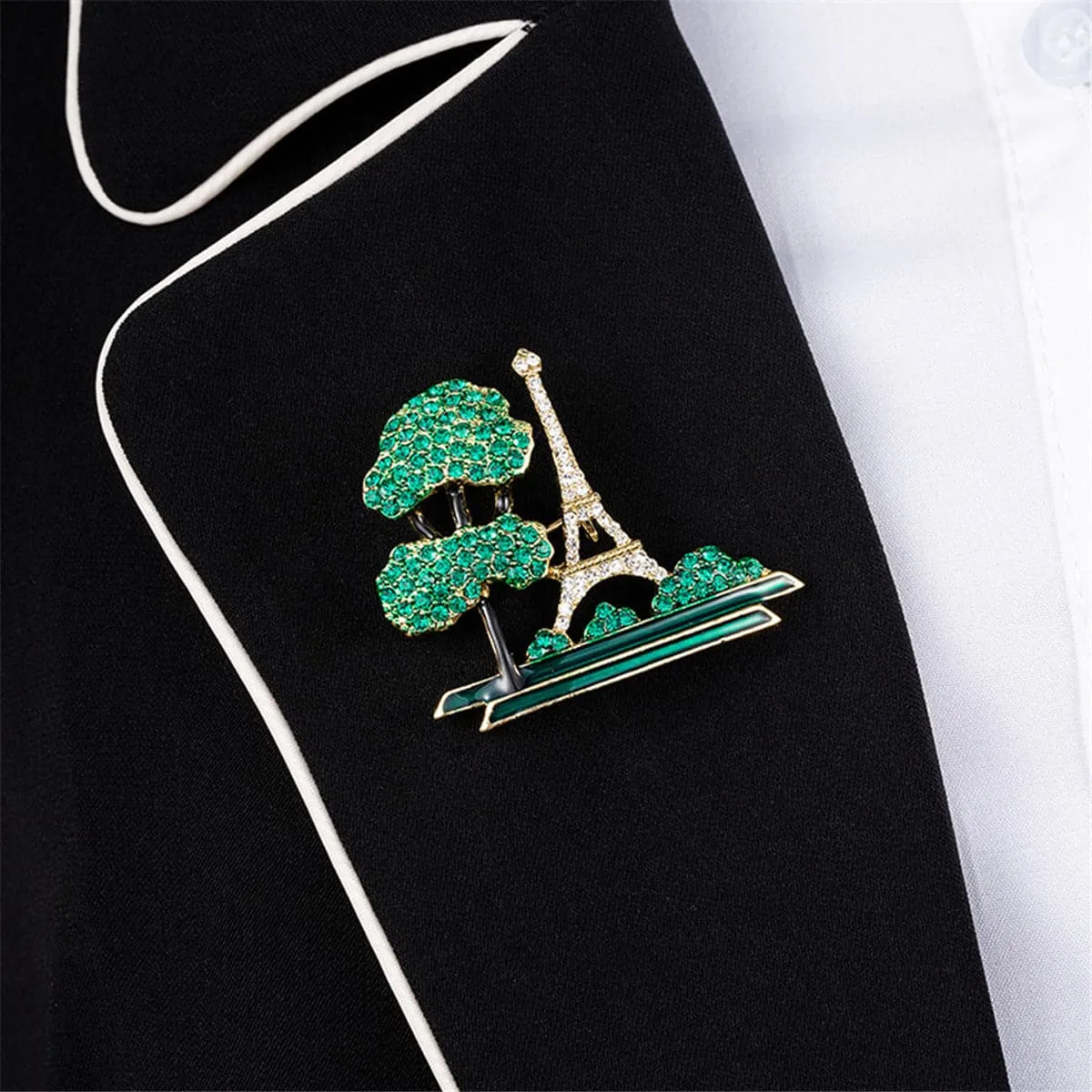 Green Cubic Zirconia & 18K Gold-Plated Eiffel Tower Brooch
