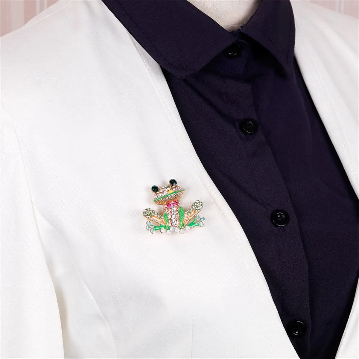 Green Cubic Zirconia & 18K Gold-Plated Frog Brooch