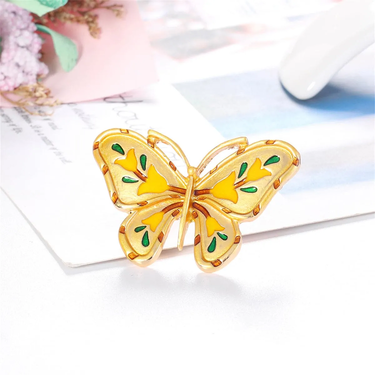 Green Enamel & 18K Gold-Plated Botany Butterfly Brooch