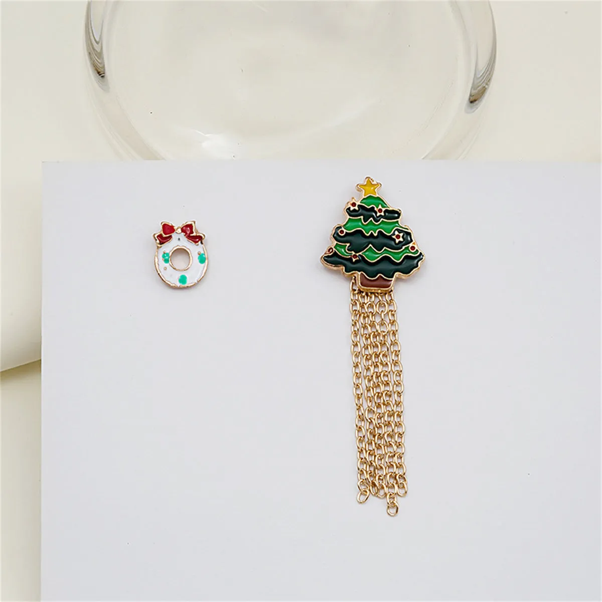 Green Enamel & 18K Gold-Plated Bow Christmas Tree Tassel Brooch Set