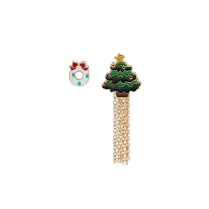 Green Enamel & 18K Gold-Plated Bow Christmas Tree Tassel Brooch Set