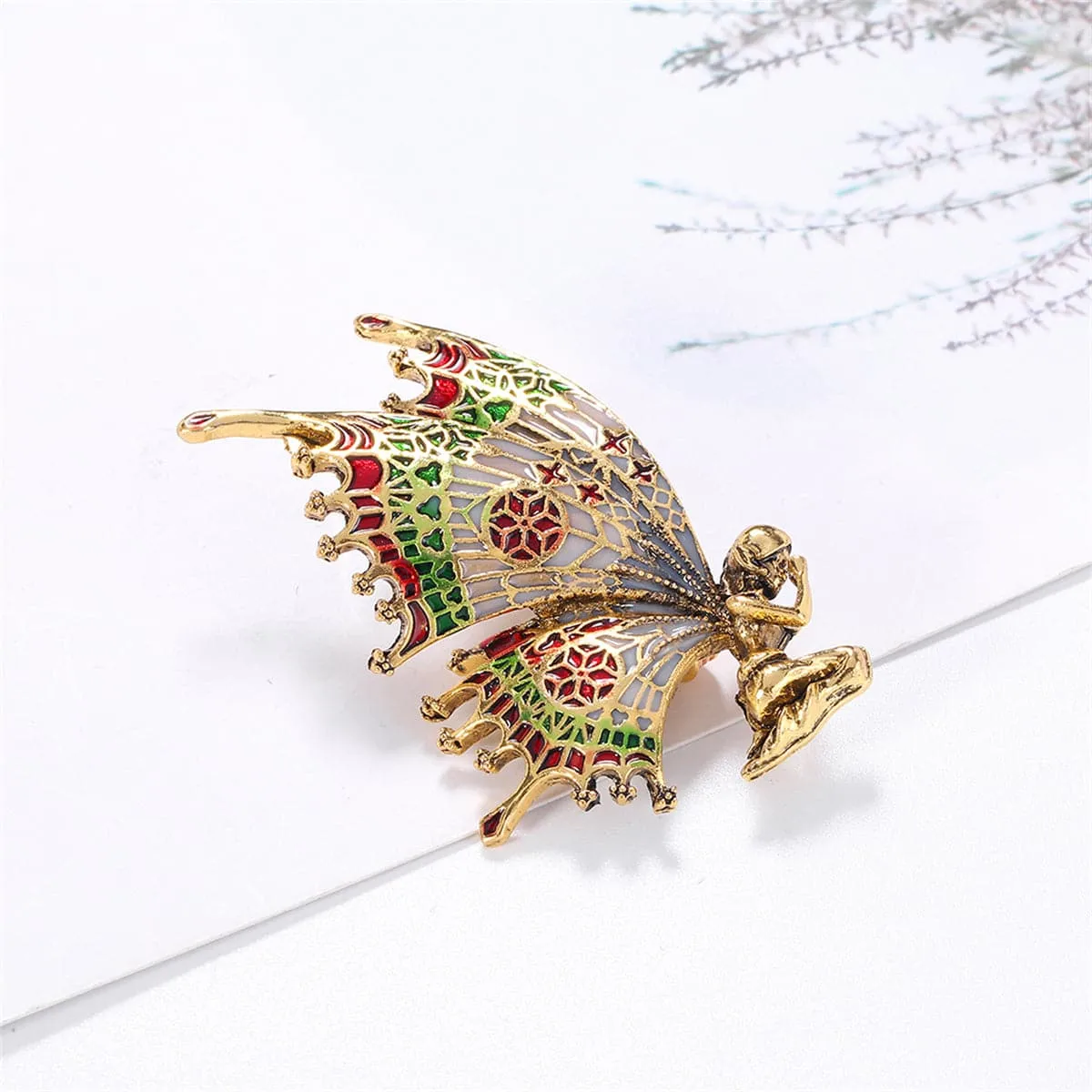 Green Enamel & 18K Gold-Plated Butterfly Fairy Brooch