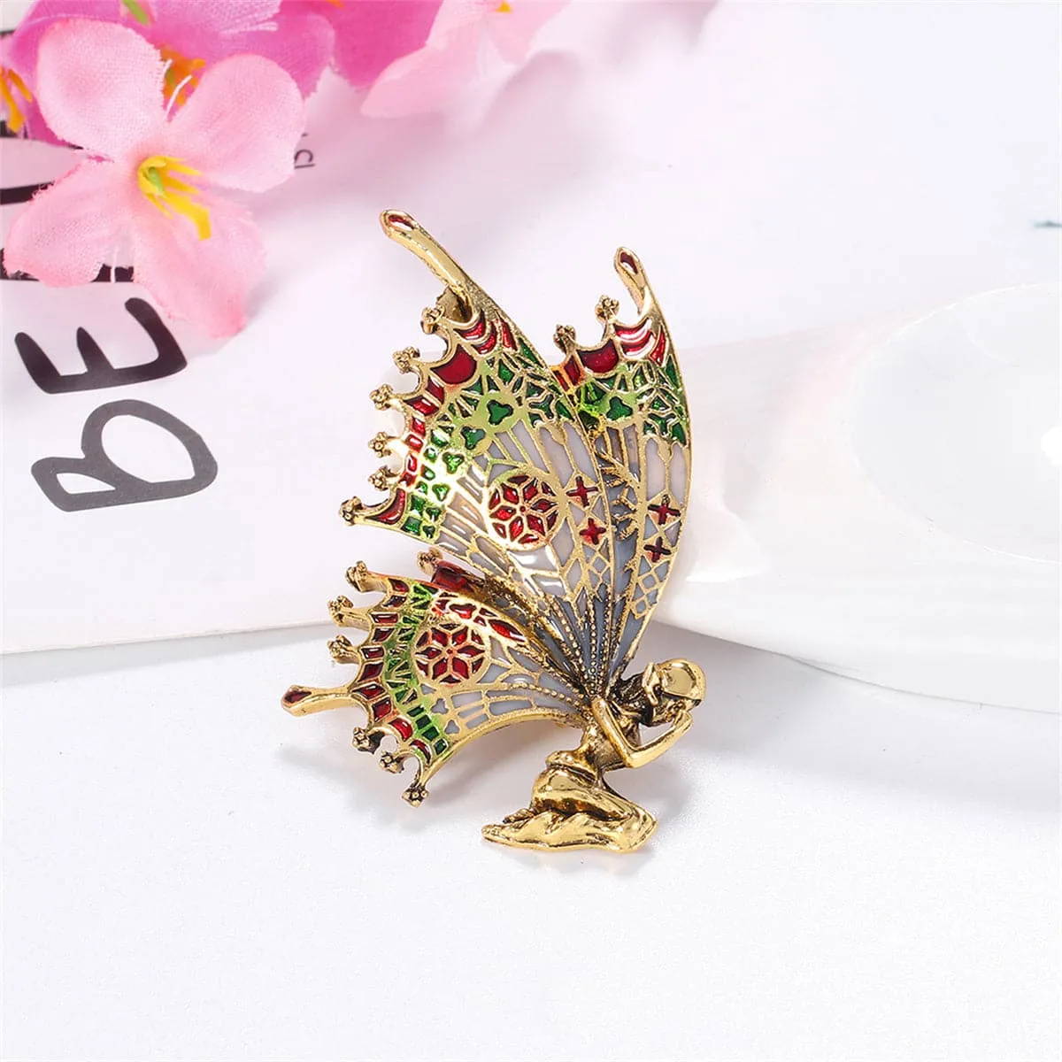 Green Enamel & 18K Gold-Plated Butterfly Fairy Brooch