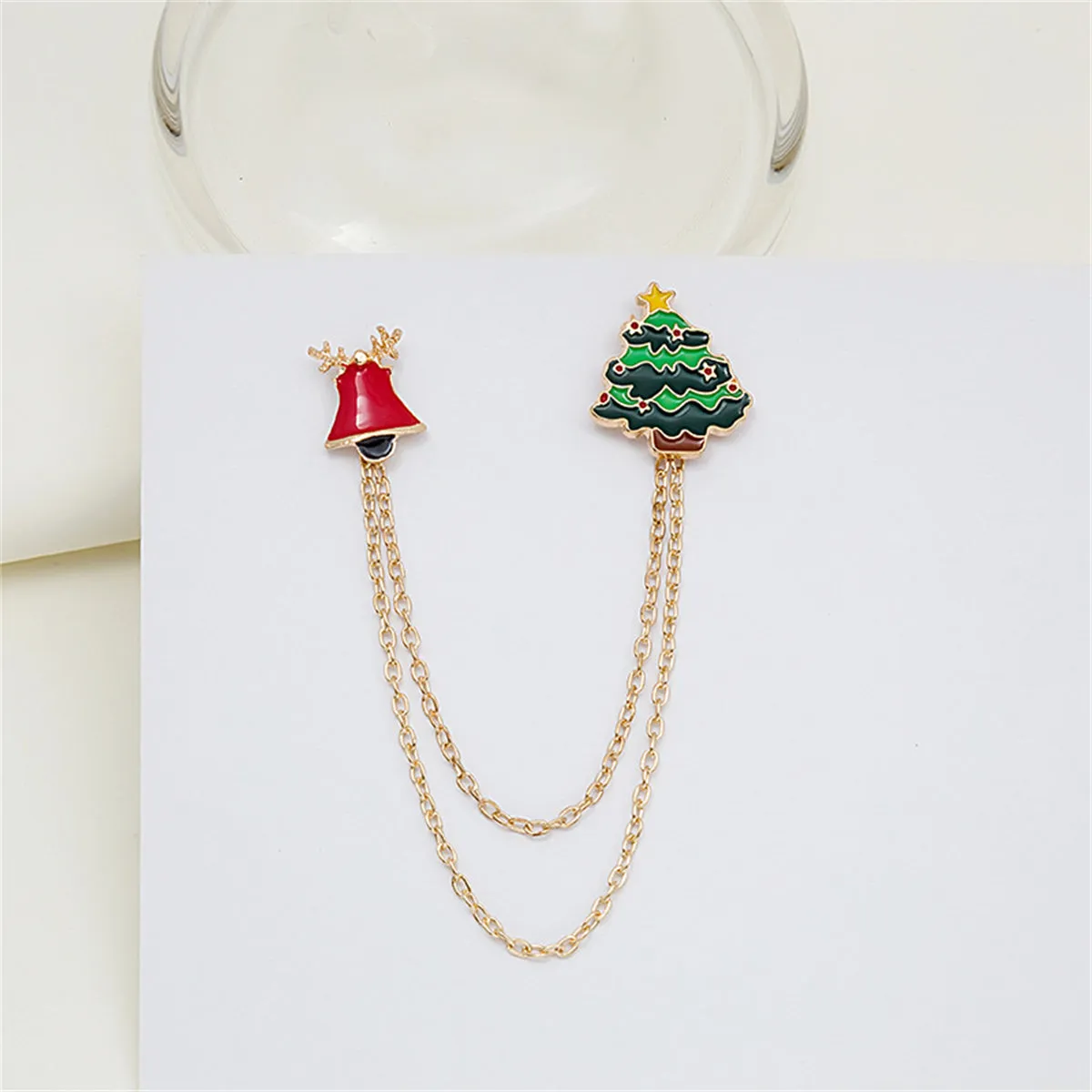 Green Enamel & 18K Gold-Plated Holiday Tree Bell Crutch Chain Brooch