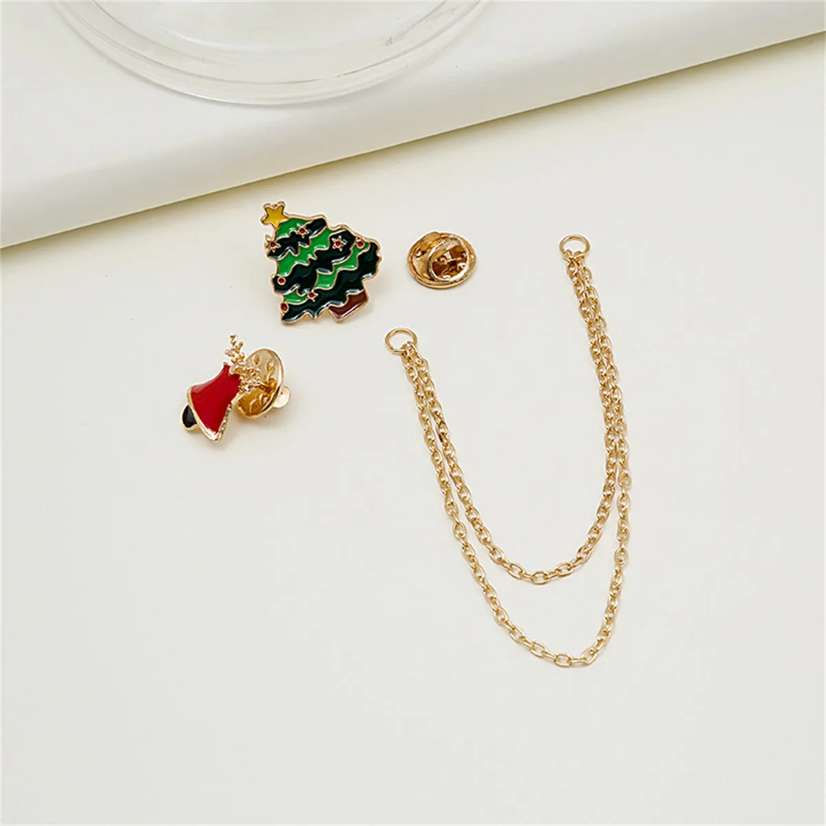 Green Enamel & 18K Gold-Plated Holiday Tree Bell Crutch Chain Brooch