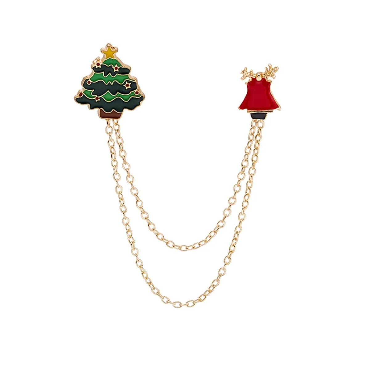 Green Enamel & 18K Gold-Plated Holiday Tree Bell Crutch Chain Brooch