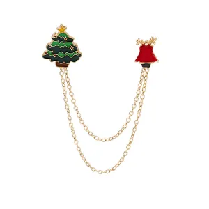 Green Enamel & 18K Gold-Plated Holiday Tree Bell Crutch Chain Brooch