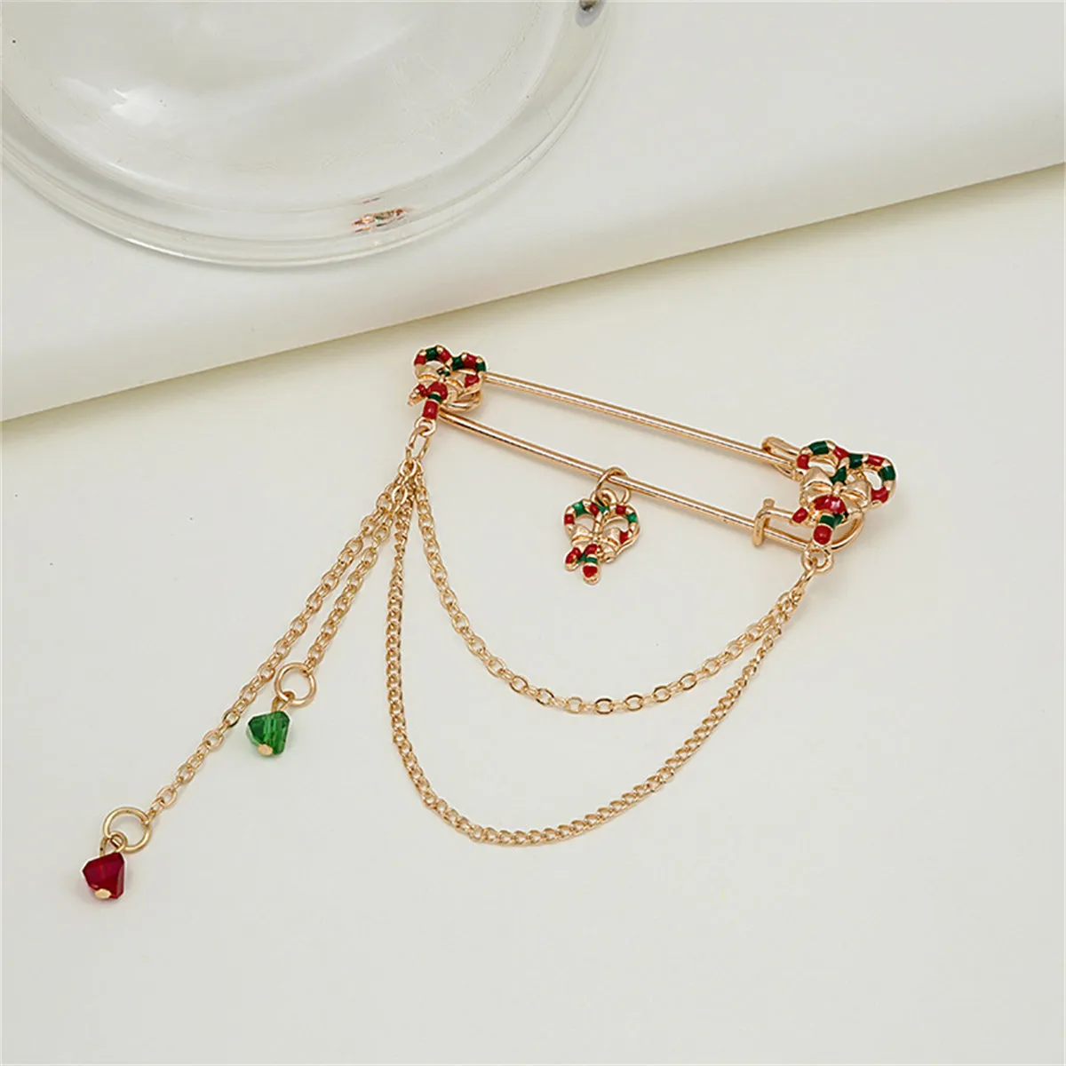 Green Enamel & Acrylic 18K Gold-Plated Candy Cane Pin Chain Brooch