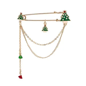 Green Enamel & Acrylic 18K Gold-Plated Holiday Tree Pin Chain Brooch