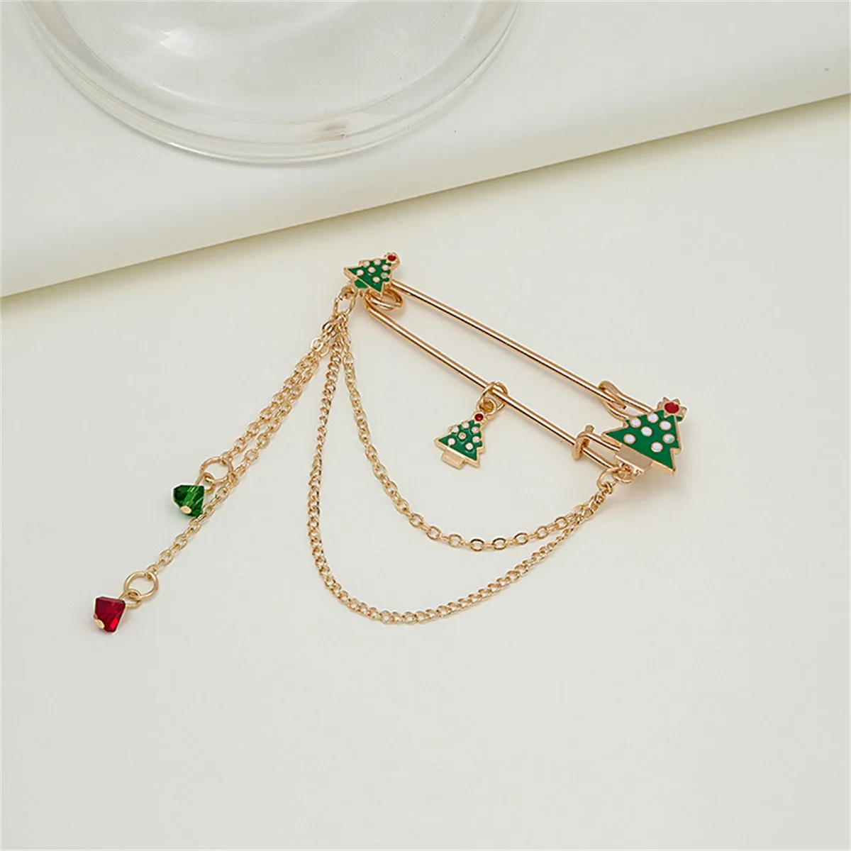 Green Enamel & Acrylic 18K Gold-Plated Holiday Tree Pin Chain Brooch