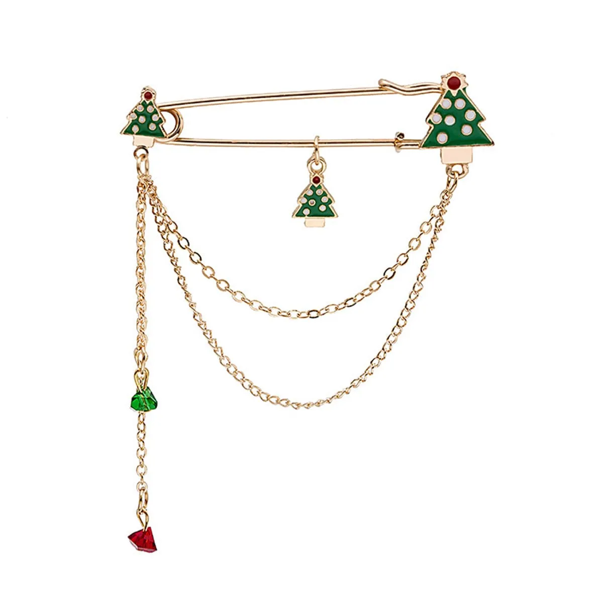 Green Enamel & Acrylic 18K Gold-Plated Holiday Tree Pin Chain Brooch