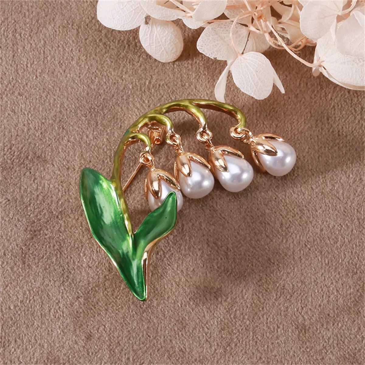 Green Enamel & Pearl 18K Gold-Plated Lily Of The Valley Brooch