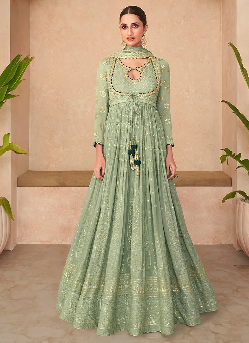 Green Lucknowi Embroidery Designer Wedding Anarkali Suit