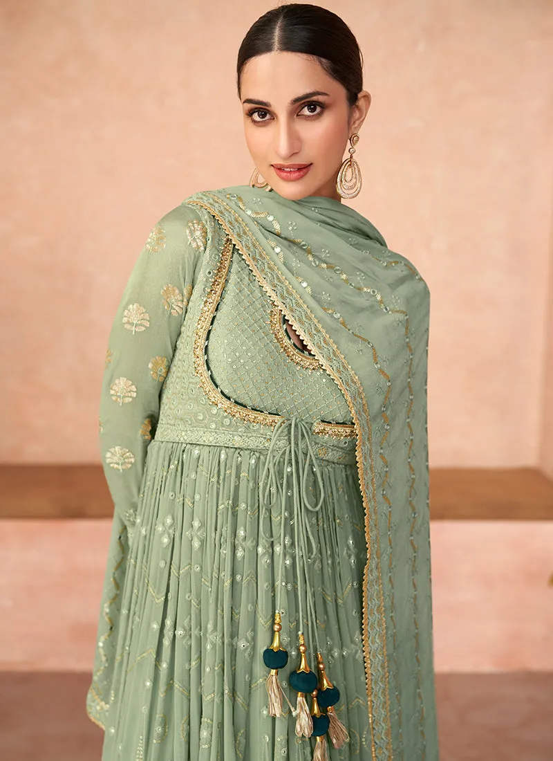 Green Lucknowi Embroidery Designer Wedding Anarkali Suit