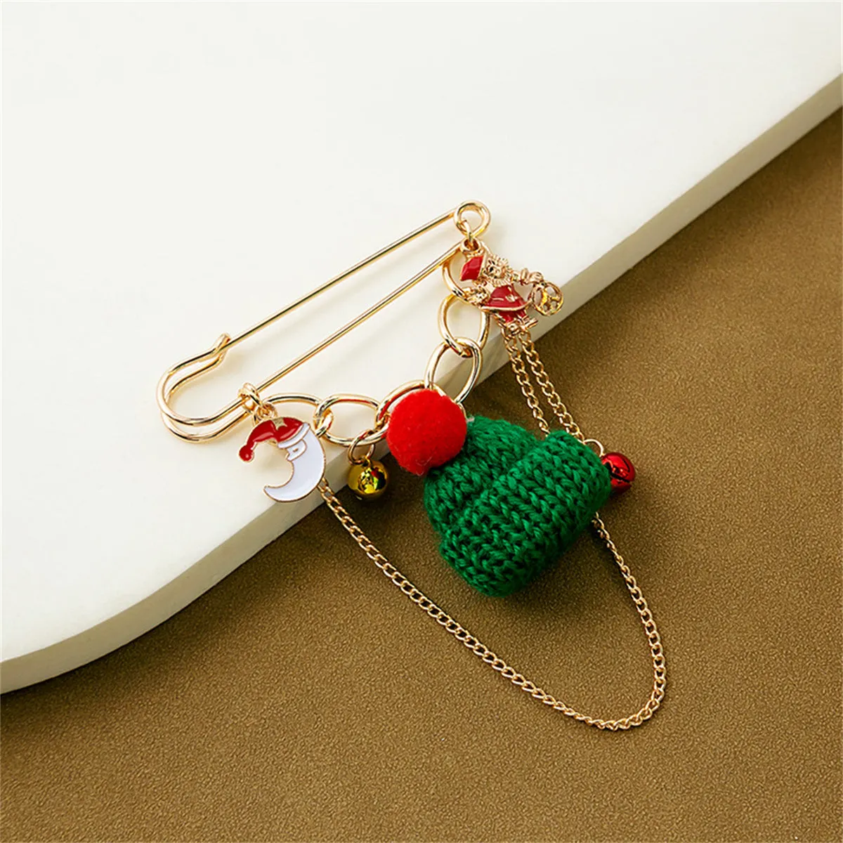 Green Polyster & Enamel 18K Gold-Plated Beanie Charm Pin Brooch