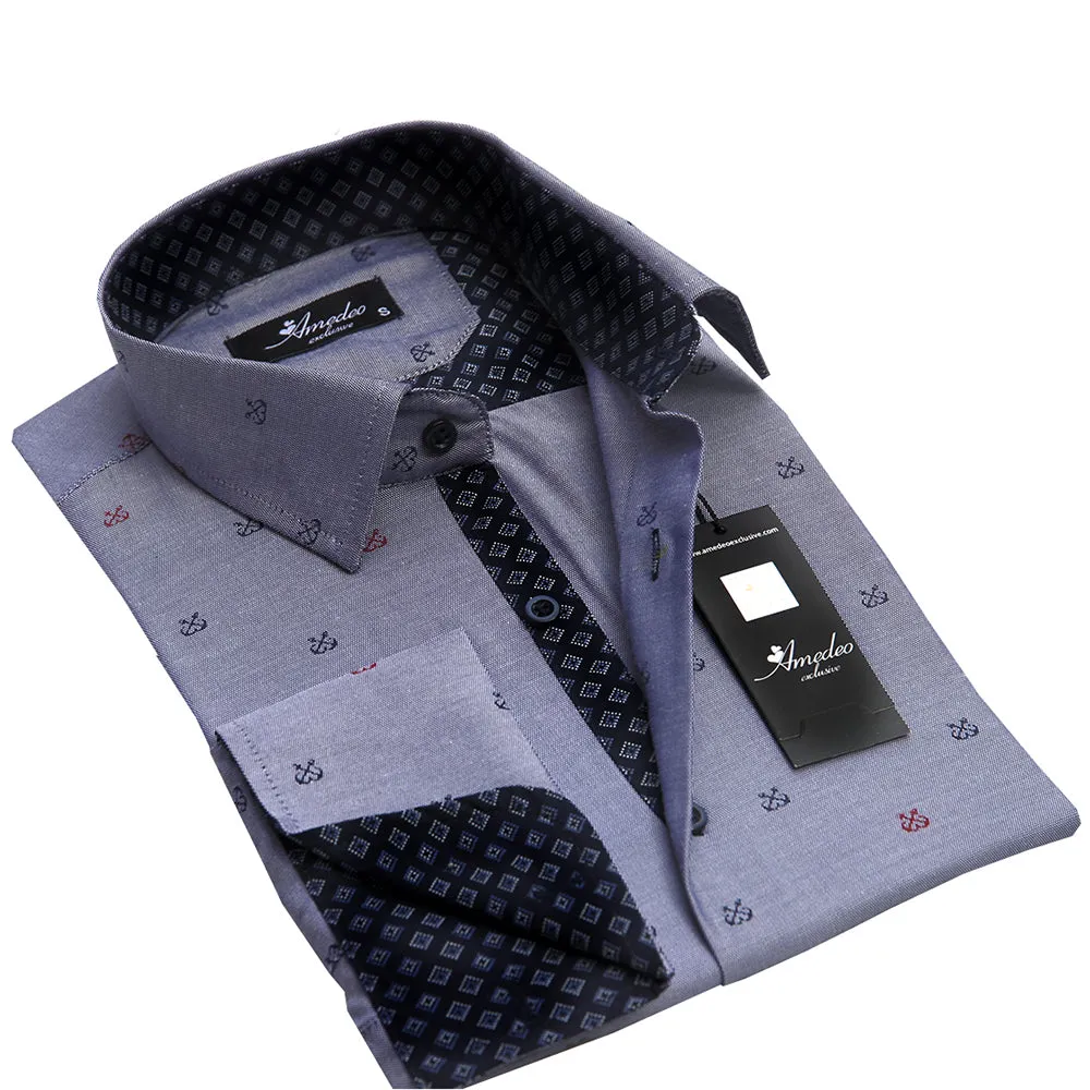 Grey With Checkers Mens Slim Fit French Cuff Shirts with Cufflink Holes - Casual and Formal