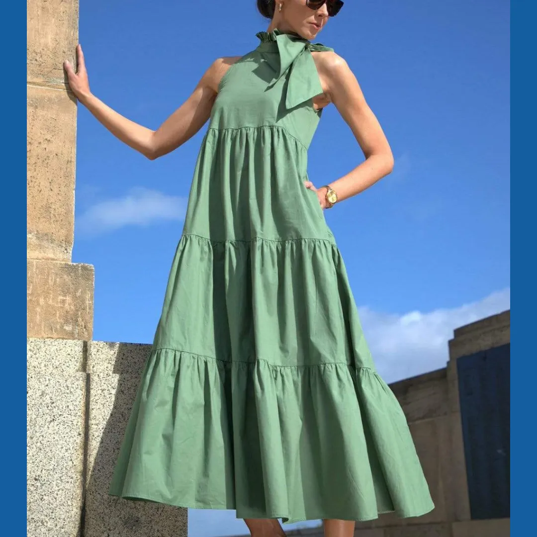 Helena Tie Neck Tiered Dress - Sage