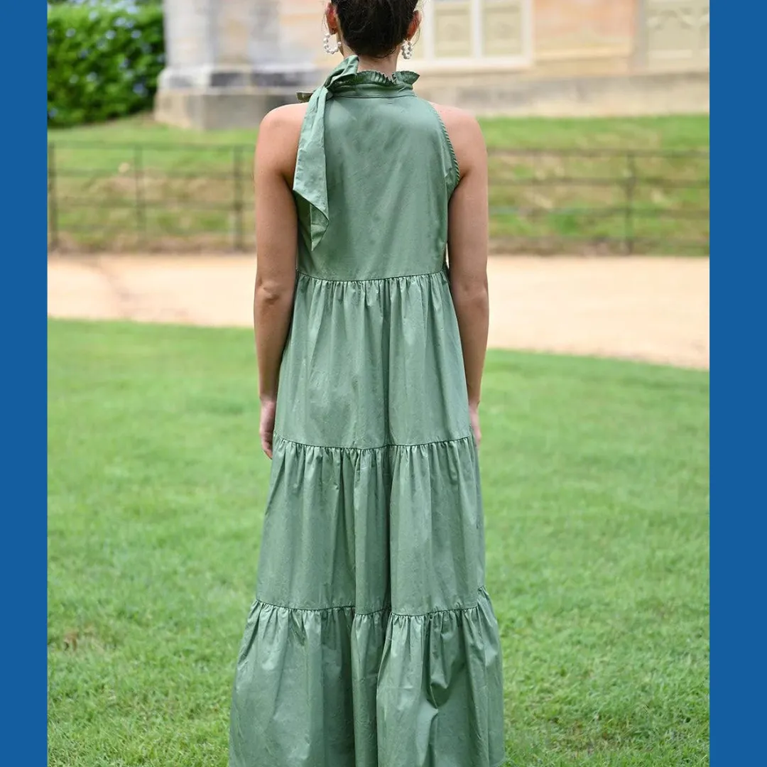 Helena Tie Neck Tiered Dress - Sage