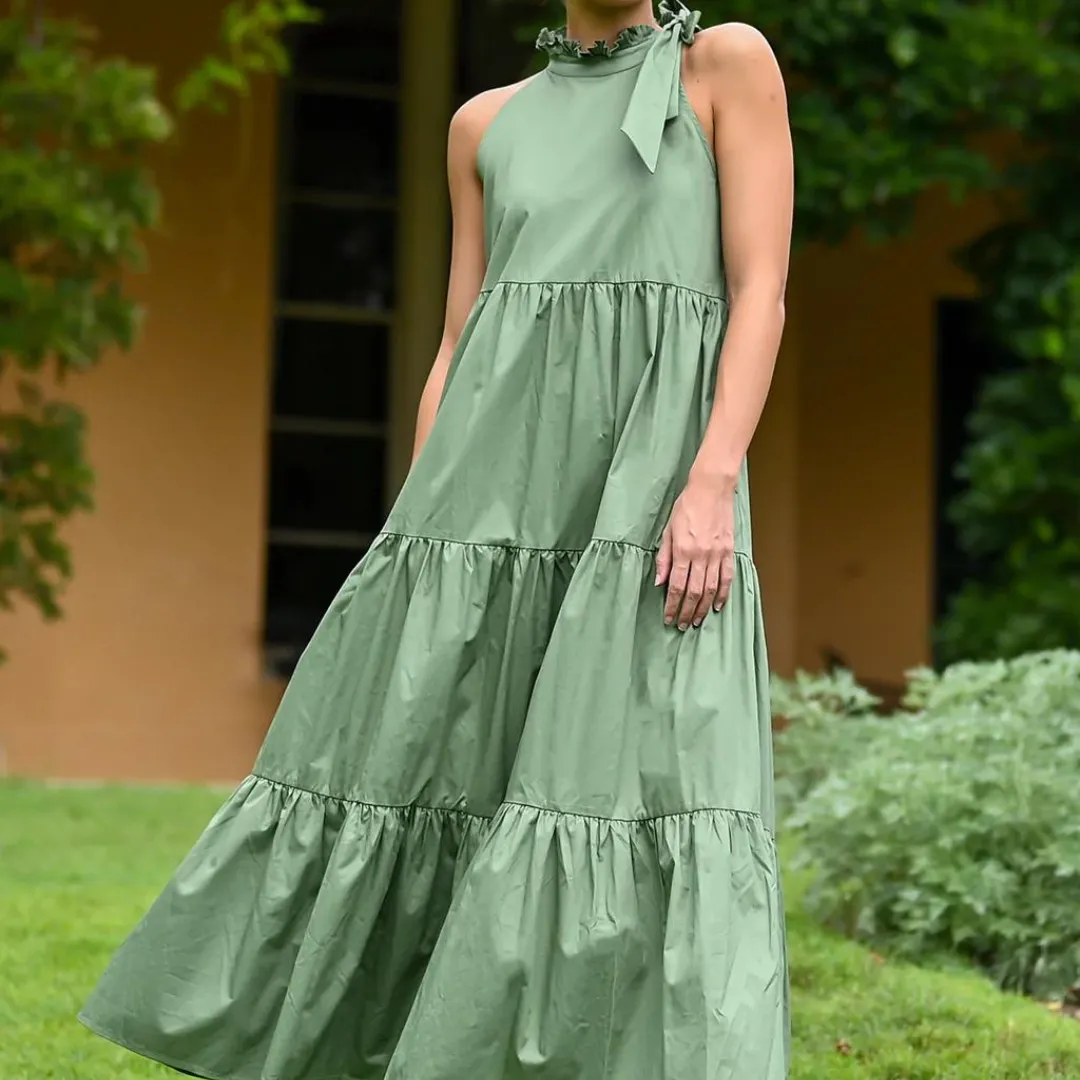 Helena Tie Neck Tiered Dress - Sage