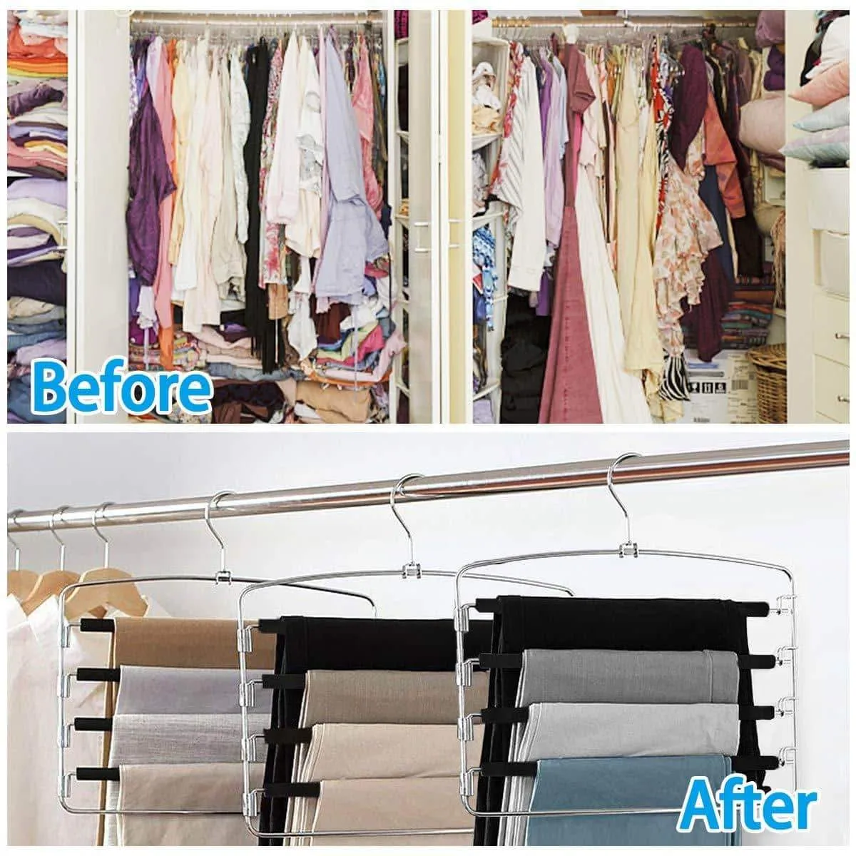 HOMEIDEAS Pack of 4 Non-Slip Pants Hangers Stainless Steel Slack Hangers Space Saving Clothes Hangers Closet Organizer with Foam Padded Swing Arm, Multi Layers & Rotatable Hook