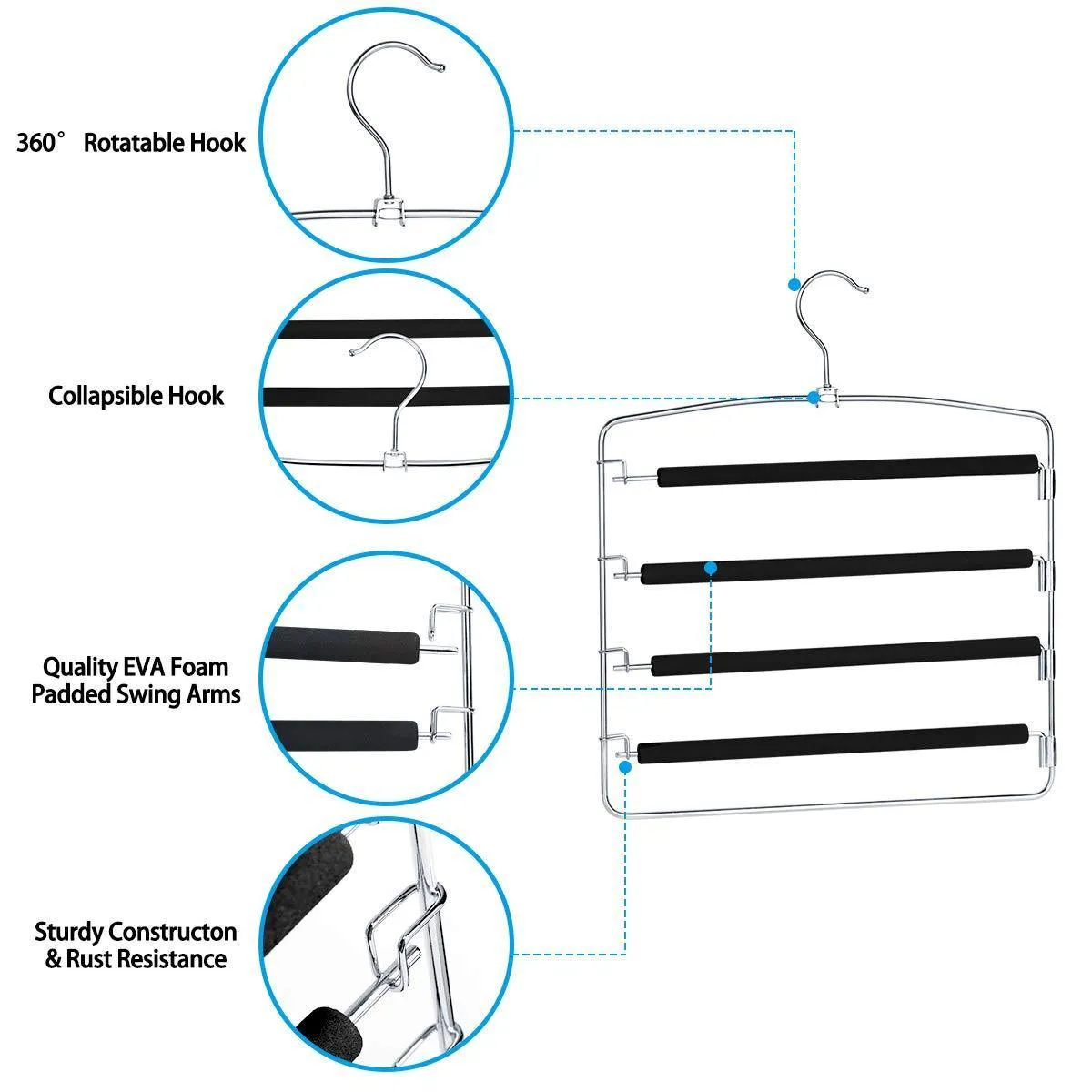 HOMEIDEAS Pack of 4 Non-Slip Pants Hangers Stainless Steel Slack Hangers Space Saving Clothes Hangers Closet Organizer with Foam Padded Swing Arm, Multi Layers & Rotatable Hook