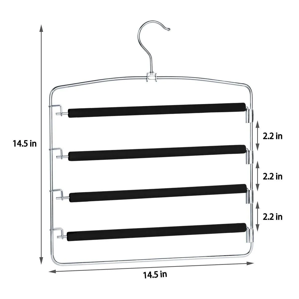 HOMEIDEAS Pack of 4 Non-Slip Pants Hangers Stainless Steel Slack Hangers Space Saving Clothes Hangers Closet Organizer with Foam Padded Swing Arm, Multi Layers & Rotatable Hook