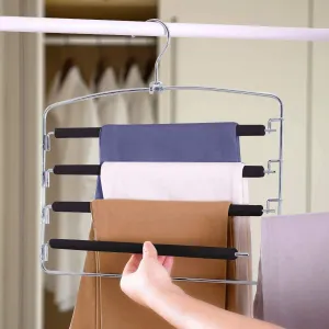 HOMEIDEAS Pack of 4 Non-Slip Pants Hangers Stainless Steel Slack Hangers Space Saving Clothes Hangers Closet Organizer with Foam Padded Swing Arm, Multi Layers & Rotatable Hook