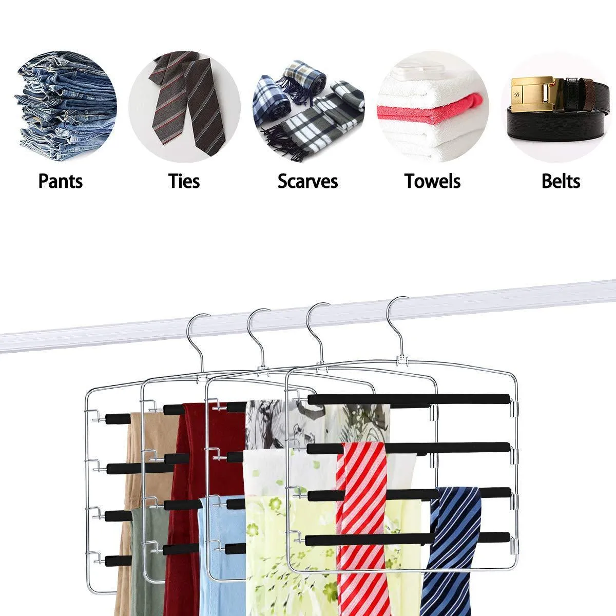 HOMEIDEAS Pack of 4 Non-Slip Pants Hangers Stainless Steel Slack Hangers Space Saving Clothes Hangers Closet Organizer with Foam Padded Swing Arm, Multi Layers & Rotatable Hook