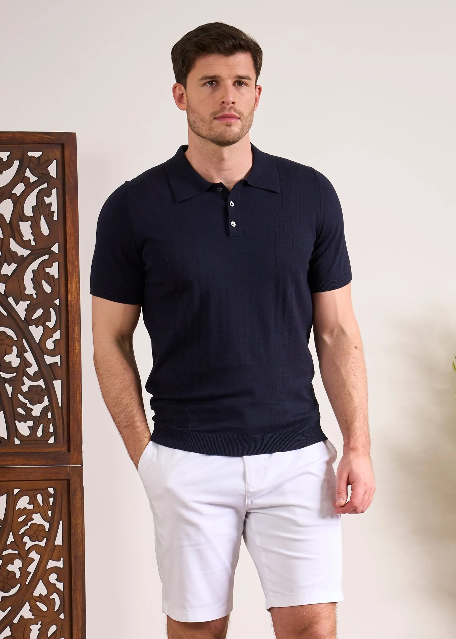 Knighton Luxury Cotton Polo With Pointelle Detail In Dark Navy