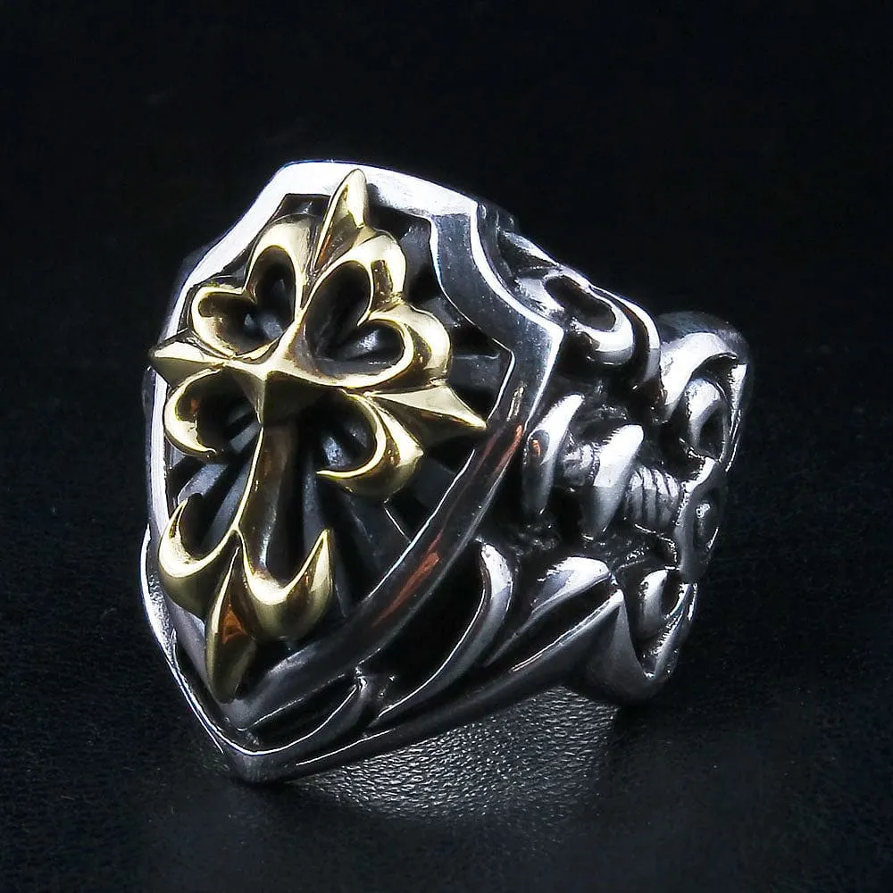 Large Yellow Gold Cross Sterling Silver Men's Ring